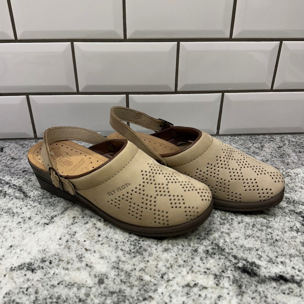 Fly Flot Womens 37 Clogs Tan Leather Perforated Slingback Wedge Made in Italy